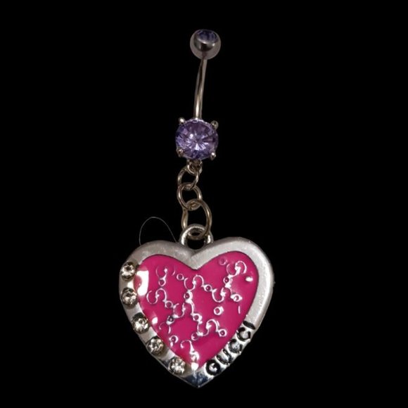 *5/35* Fuchsia Pink Crystal Heart Double Gemmed Belly Ring 14G - Picture 3 of 4